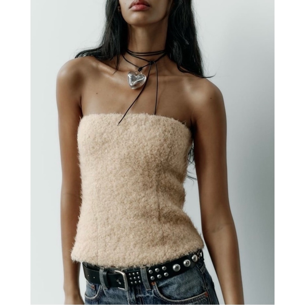 Zara Textured Teddy Corset Style Structured Strapless Top in Beige Size Medium